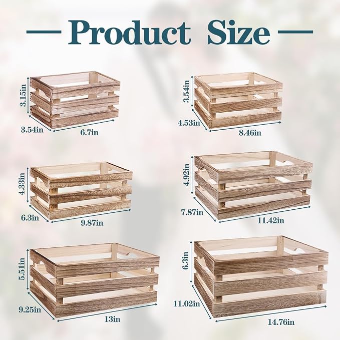 6 Pack Large Wooden Crates for Display Decorative Crates with Handle | Rustic Nesting Wooden Basket Decorative Farmhouse Wood Crate for Storage and Container, 6 Size Decor Boxes - Image 3