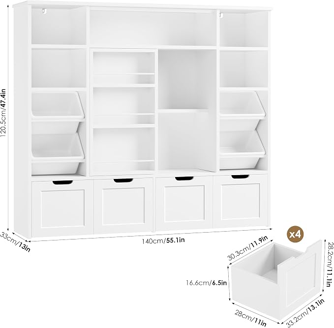 Toy Storage with Sliding Bookshelf, Toy Organizer with 4 Bins | 55.1’’ W Large Toy Storage Organizer Kids Bookshelf with 4 Movable Drawers, Toy Bins Playroom Storage for Kid Room, White - Image 3
