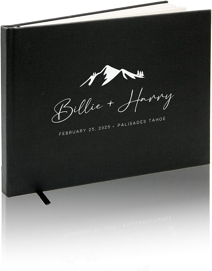 Personalized Linen Guest Book (Design 2) - 9 x 7.5 Hardcover Custom Wedding Guestbook Mountain Design, Reception Ceremony Engagement Party Keepsake Signing Book with 120 Blank Pages by ModernAlbumDesigns