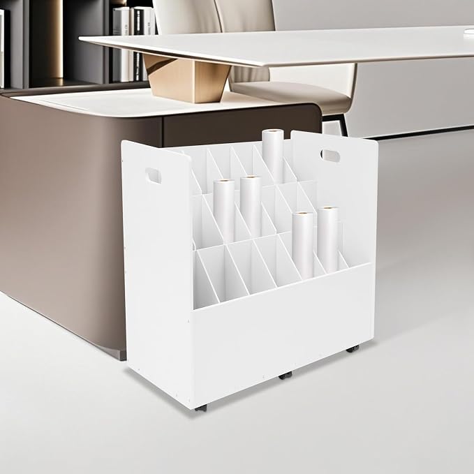 Blue Print Storage Organizer with Wheels, 21 Slots Roll Files Cart, White | Mobile Blueprint Storage Rack Cart, Construction Plan Holder, Map Poster Storage Cabinet for Office Home School - Image 8