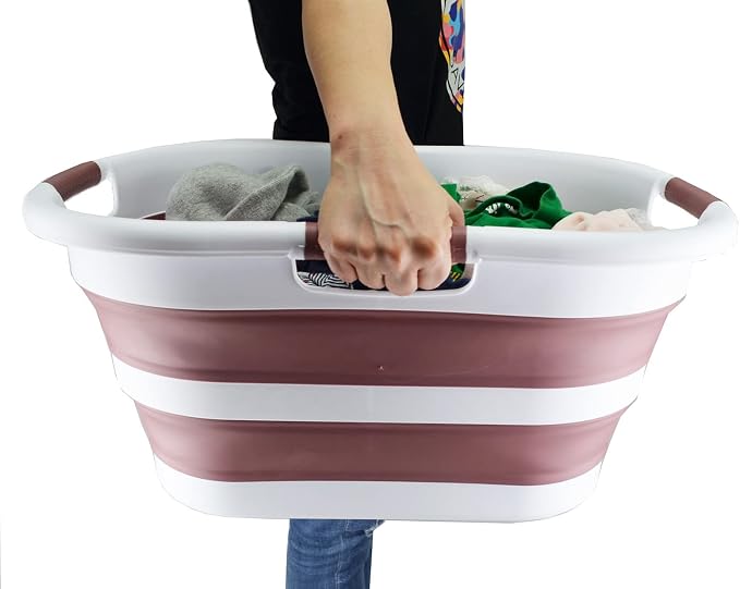 SAMMART 40L (10.5 gallon) Collapsible Plastic Laundry Basket - Foldable Pop Up Storage Container/Organizer - Portable Washing Tub - Space Saving Hamper/Basket (White/Dusky Pink (Set of 2)) - Image 8