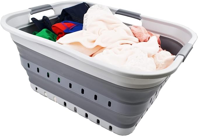 SAMMART 42L (11 gallon) Collapsible Plastic Laundry Basket - Foldable Pop Up Storage Container/Organizer - Portable Washing Tub - Space Saving Hamper/Basket (Grey/Dark Grey) - Image 6