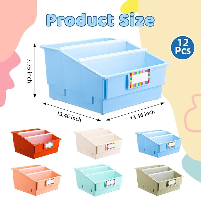 Lineshading 12 Set Picture Book Bin with Divider - Large Plastic Classroom Library Book Bin Shelf Organizer for School, Office, Home, Storage Supplies, Boho Color - Image 2