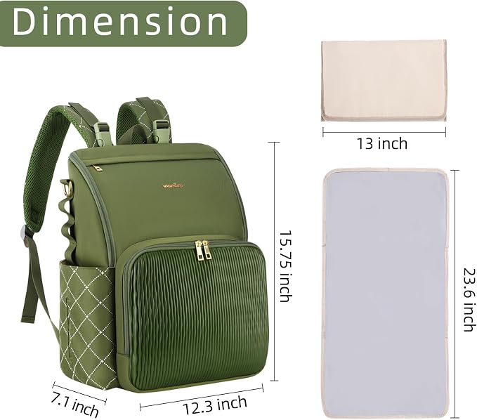 Stylish Baby Diaper Bag, Baby Bag with Changing Pad, Pacifier Case& Stroller Straps, Large Diaper Backpack Boy Girl, Water Resistant Travel Diaper Backpack（Green） - Image 4