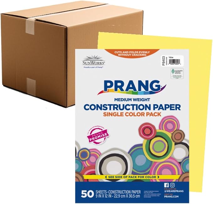 Prang Construction Paper, 9" x 12", Yellow, 50/Pack, 50 Packs | Formerly SunWorks, Class Pack, 2500 Sheets Total, P8403 by Prang