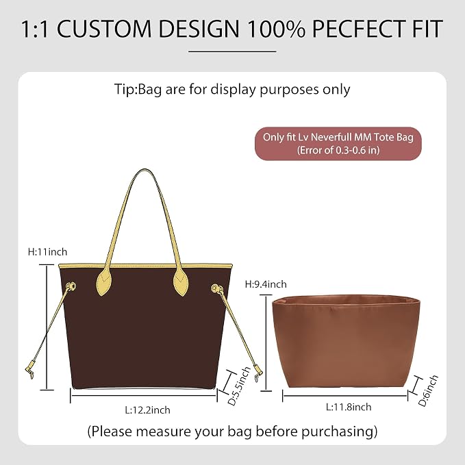 Tote Bag Organizer Insert with Laptop Sleeve for Lv Neverfull MM | Nylon Neverfull MM Organizer, 6 Compartments Storage, Zipper Pocket, Bottle Holder, Fits 13 Inch Laptop, Bag Protector, Brown - Image 2