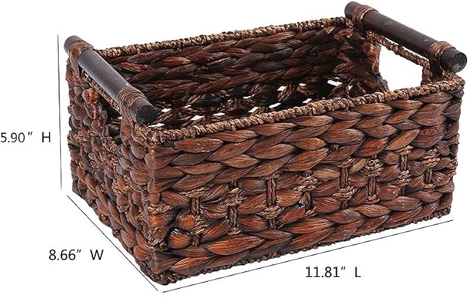 Water Hyacinth Wicker Storage Basket with Wood Handles, Medium | Rectangular dark brown woven rattan basket, for shelves, kitchen countertops, closet, holds magazines, toilet paper - Image 5