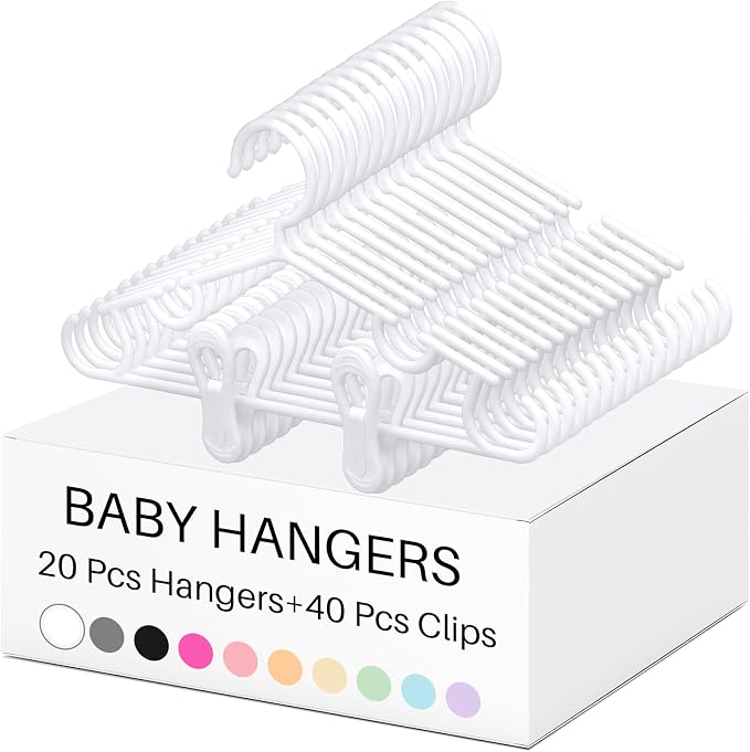 Hsei Baby Hanger with Clip for Pant,60 Packs Total,White,10.6 Inch | 20 Kids Plastic Hanger with 40 Clips for Newborn, Nursery, Daycare, Preschool, Closet, Wardrobe Organizer for Baby Shower by Hsei