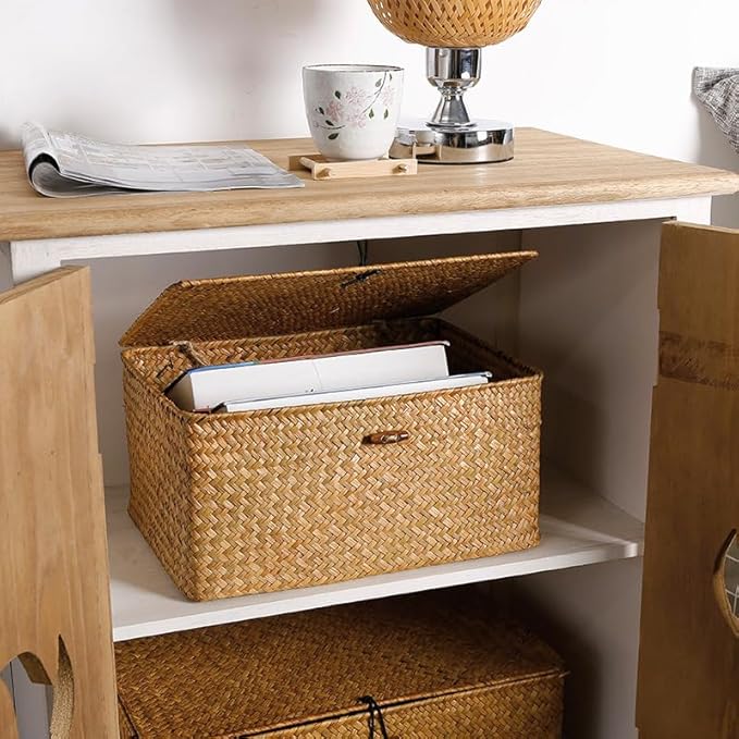 Wicker Basket with Lid, Seagrass Storage Basket, Woven Baskets for Storage, Decorative Storage Baskets for Shelf Organizing, Natural - Image 6