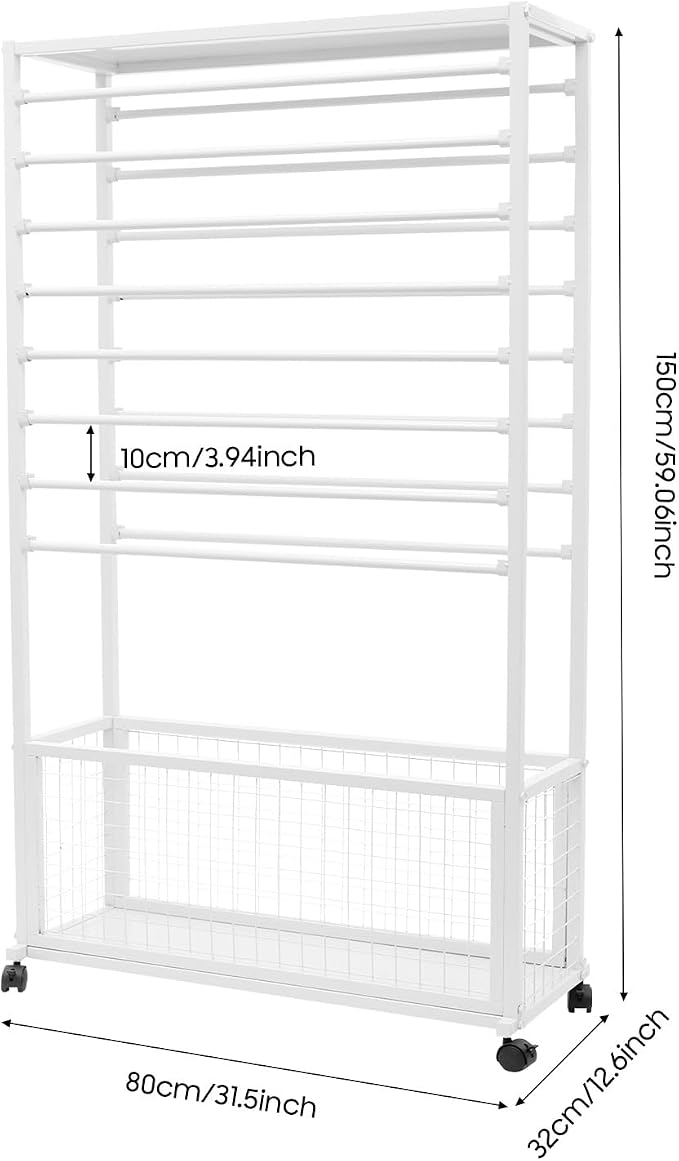 Ribbon Holder Organizer Rack, Double-Sided 16-Layer Ribbon Shelf with Wheel | Ribbon Display Rack, Multifunctional Metal Flower Wrapping Paper Storage Stand for Craft Room Flower Shop, Widen, White - Image 2