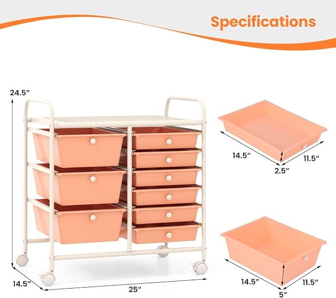 Giantex 9 Drawers Rolling Cart, Classroom Organizers, Storage Cart with Wheels, for Teacher Office Home School Supplies Tool Craft Art Paper, Peach Fuzz - Image 3