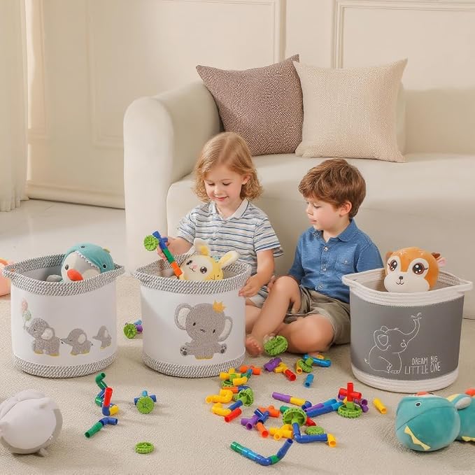 3-Piece Woven Baby Toy Blanket Storage Baskets Laundry Hampers, Elephant Design Foldable Nursery Organizer for Toys Clothes Stuffed Animals, Roomy Sturdy Hamper for Baby Gift Nursery Decor Basket - Image 2