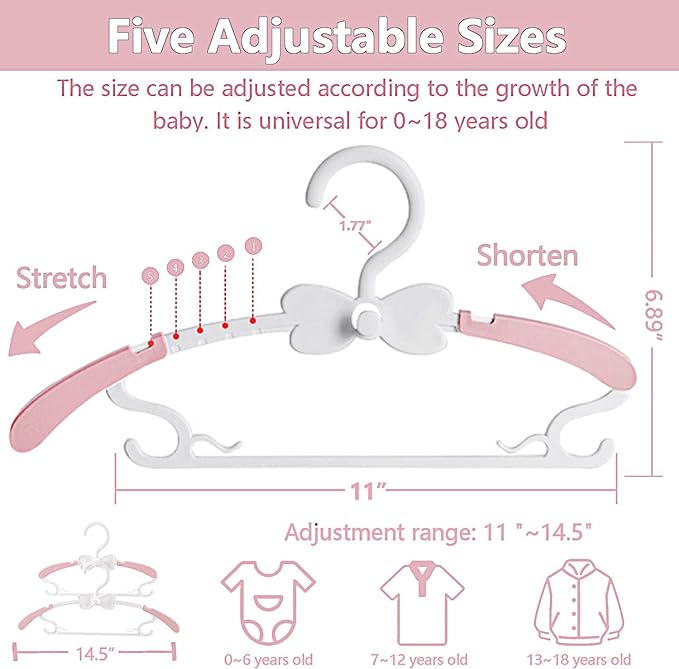 WJWSKI Baby Hangers for Closet 20pcs, Pink Kids Clothes Hanger Plastic, 11-14.5" Adjustable Perchas for Child Dresses, Non-Slip Children Bow Hanger for Girl Toddler Infant Nursery Newborn Clothing - Image 2