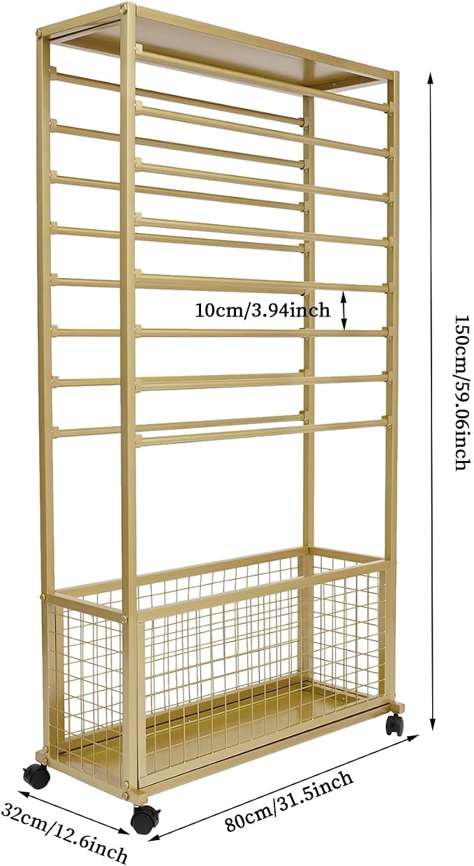 Ribbon Holder Organizer Rack, Double-Sided 16-Layer Ribbon Shelf with Wheel | Ribbon Display Rack, Multifunctional Metal Flower Wrapping Paper Storage Stand for Craft Room Flower Shop, Widen, Gold - Image 2
