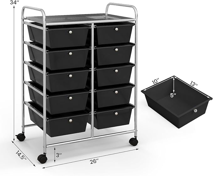 Giantex 10 Drawers Rolling Cart, Classroom Organizers, Storage Cart with Wheels, for Teacher Office Home School Supplies Tool Craft Art Paper, Black - Image 3