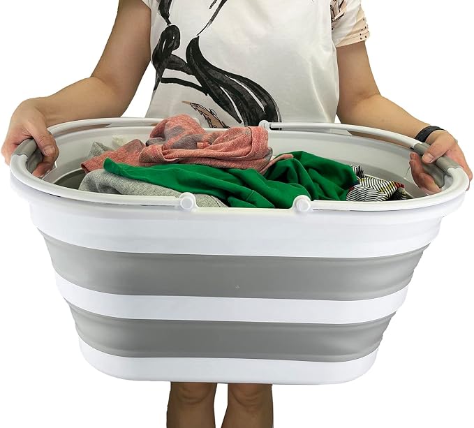 SAMMART 38L (10 Gallons) Collapsible Plastic Laundry Basket - Foldable Storage Container/Organizer - Portable Washing Tub - Space Saving Laundry Hamper (White/Grey (Set of 2)) - Image 6
