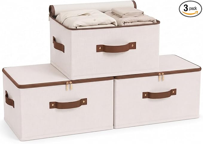 Tuza 3 Pcs Rigid Storage Bins with Zipper Lid, Cotton Linen Fabric Storage Boxes, Foldable Shelves Clothes Storage Cubes with Handles for Wardrobe, Closet(Beige, 56L) by LOVEWHEREYOULIVE