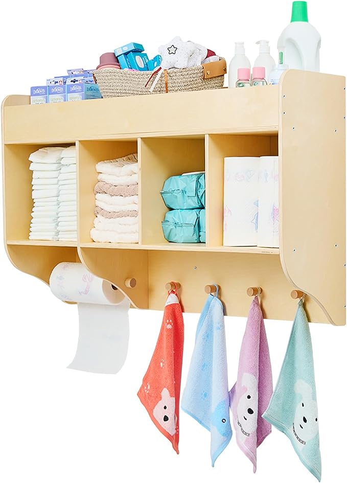 Monläurd® 100% Birch Diaper Organizer for Wall – Wooden Wall Mounted Storage Shelf for Nursery & Daycare, Baby Changing Table Organizer with Hooks & Towel Holder by Monl%C3%A4urd
