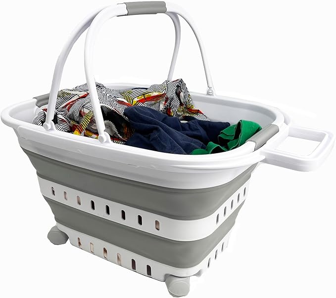 SAMMART 35L (9.24 Gallons) Collapsible Plastic Laundry Basket with Handle and Wheels - Foldable Pop Up Storage Container/Organizer with handle and wheels - Space Saving (1, White/Grey) - Image 4