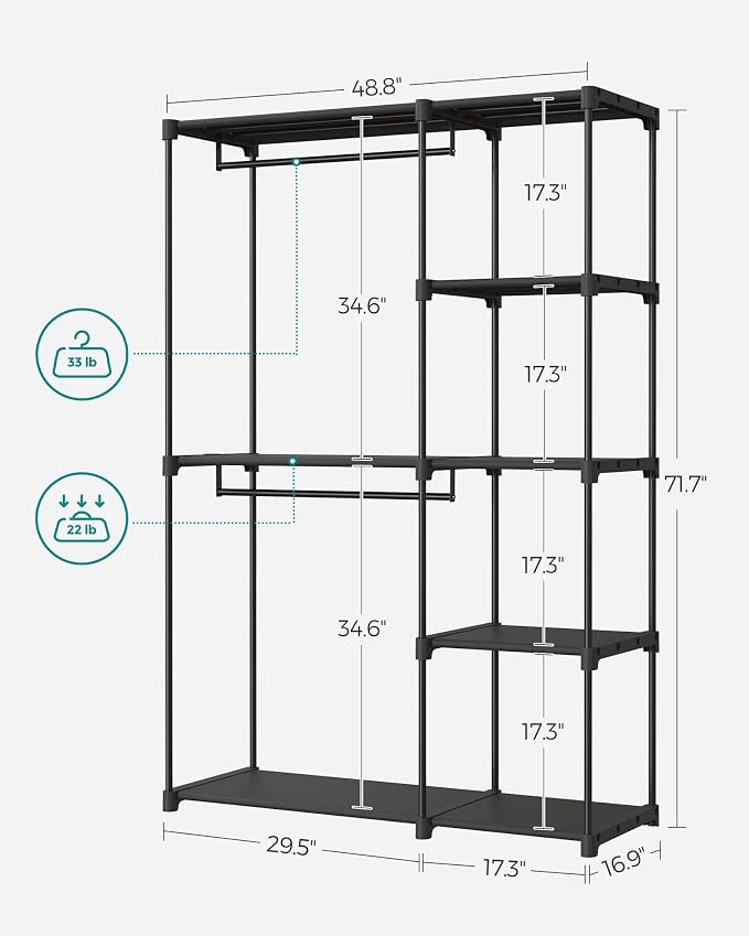 SONGMICS Portable Closet, Freestanding Closet Organizer, Clothes Rack with Shelves, Hanging Rods, Storage Organizer, for Cloakroom, Bedroom, 48.8 x 16.9 x 71.7 Inches, Black URYG026B02 - Image 6