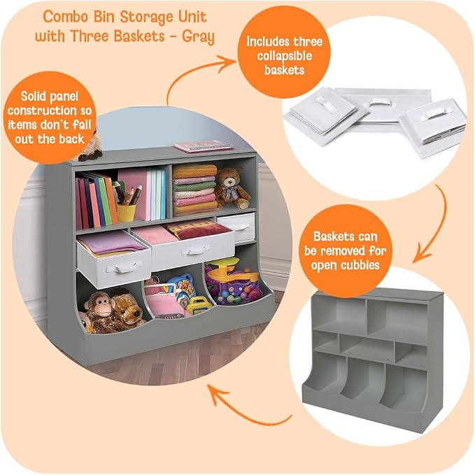 Badger Basket Combo Toy Storage Organizer and Bookshelf - Kids Storage Unit with 3 Removable Baskets, Open Shelves, Top Display Surface - Gray Cloud - Image 2
