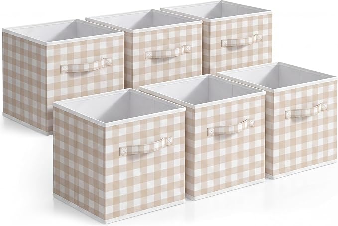 Yalikop 6 Pcs Beige Gingham Cube Storage Bins, 11 Inch Fabric Checkered Classroom Storage Bins Organizer with Handle Preppy Collapsible Cubby Basket for Classroom Home Nursery Playroom Bedroom by Yalikop