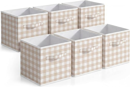 Yalikop 6 Pcs Beige Gingham Cube Storage Bins, 11 Inch Fabric Checkered Classroom Storage Bins Organizer with Handle Preppy Collapsible Cubby Basket for Classroom Home Nursery Playroom Bedroom by Yalikop