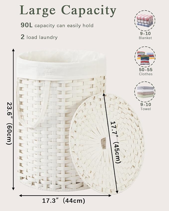 SETVSON Laundry Hamper with Lid Round Laundry Basket 23.8 Gal White | The lid hides dirty clothes, keeping spaces neat and fresh. 90 L Large Capacity, Stylish Design with Handles Easy Transport - Image 2