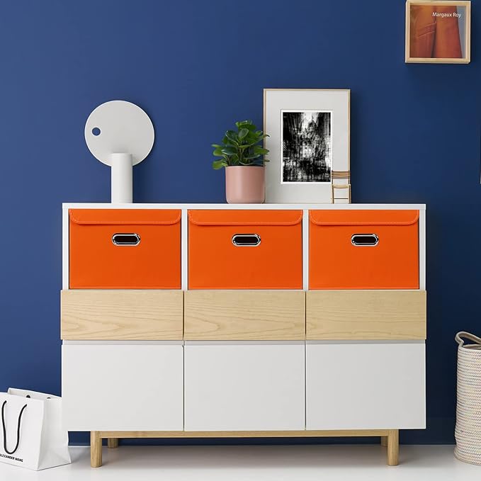 STOREONE Fabric Storage Cube Bins Foldable Organizer Container Collapsible Basket with Lids and Metal Handles, for Home, Bedroom, Closet 3 Pcs (Orange) - Image 5