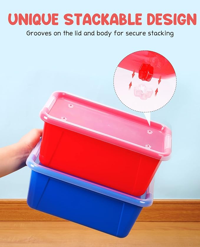 GAMENOTE 6 Quart Stackable Plastic Storage Bins with Lids,12 Pack, Colorful | Stackable 6-quart bins with lids organize classroom supplies, crafts, toys and building blocks for Classroom & Kids Toy - Image 3