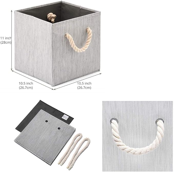 Foldable Bamboo Fabric Storage Bins [set of 4] with Cotton Rope Handles, Collapsible Organizer Boxes Basket - 10.5 x 10.5 x11 inch (Gray) - Image 2