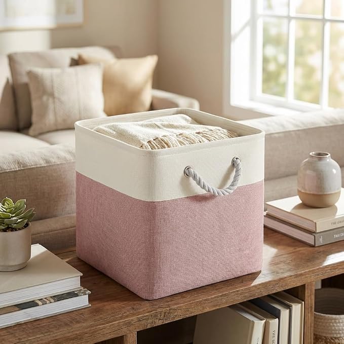 FinishingBo 11 inch Cube Storage Bin with Handles 6 Pack | Foldable Basket, Fabric Storage Bins, Closet Storage, Home Organizer (White/Pink) - Image 4