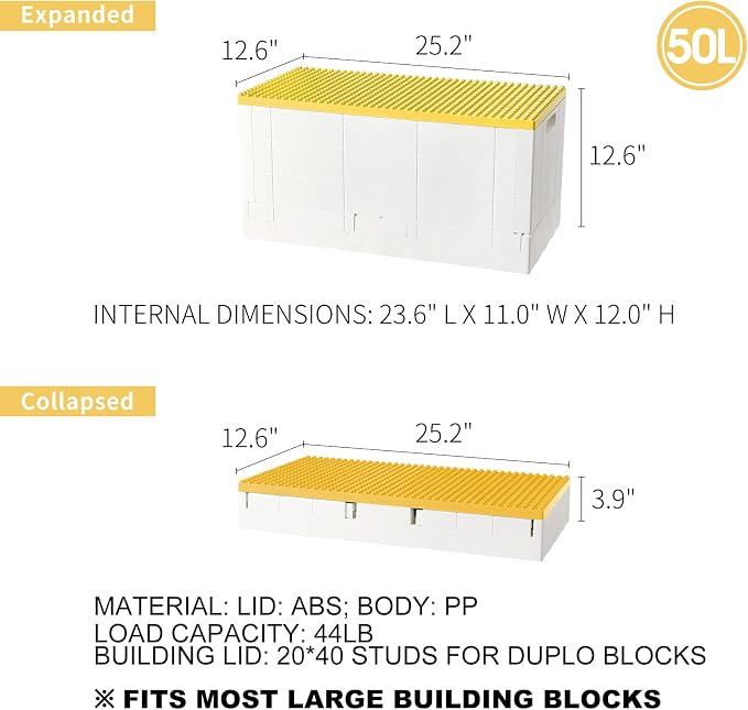 53 Qt. Folding Storage Box with Large Building Lid for Lego Duplo Blocks, 13 Gallon Collapsible Organizer for Lego Bricks (Yellow) - Image 3