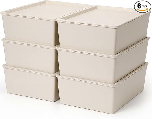 6 Pcs Plastic Storage Bins with Lids Stackable Storage Containers Durable Box Baskets for Organizing Shelves Playroom Classroom Office (Large,White) by Menkxi