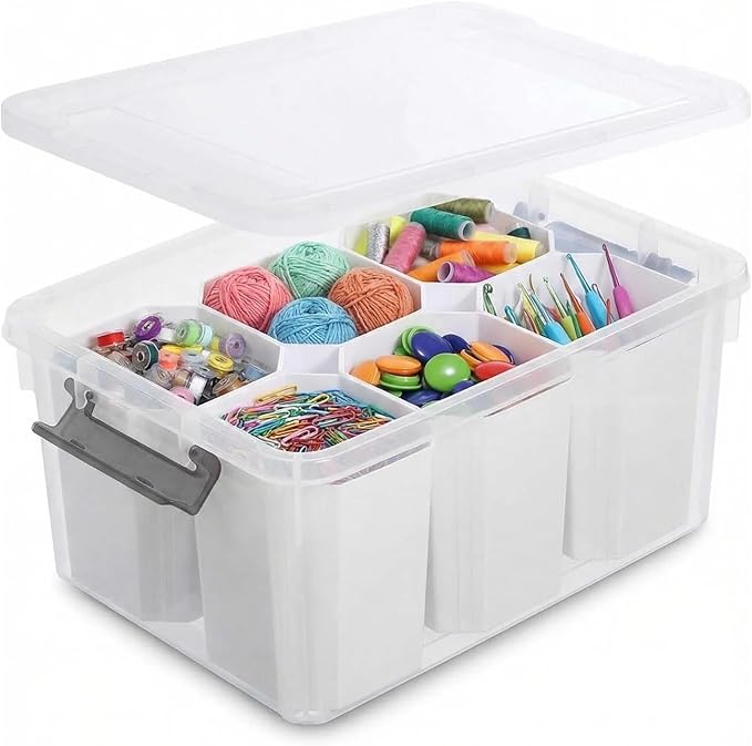 Clear Storage Box with Dividers, Plastic Organizer Box with Compartments and Secure Lid, Multi-Compartment Craft Organizer for Beads, Sewing Supplies, Jewelry, Toys and Small Parts Storage Container by EasyCozyHomey