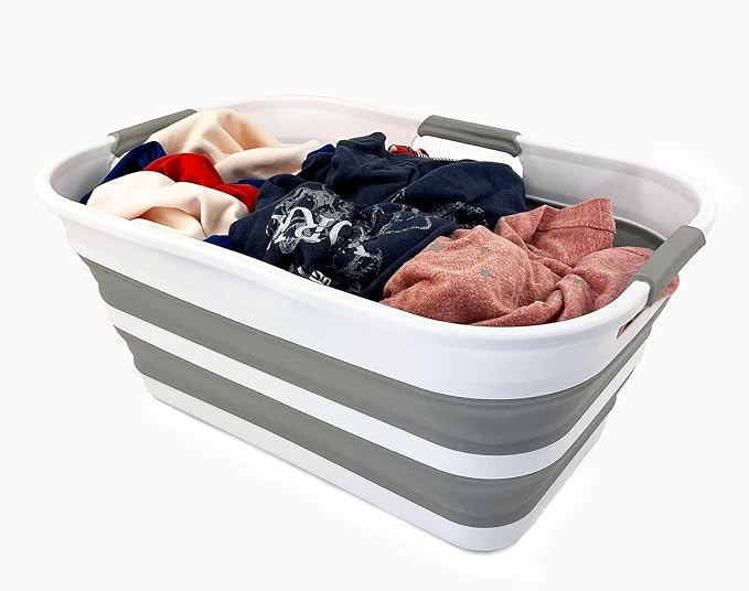 SAMMART 21L (5.5 Galloons) Collapsible Plastic Storge Basket - Foldable Pop Up Storage Container/Organizer - Portable Washing Tub - Space Saving Hamper/Basket (White/Grey) - Image 6