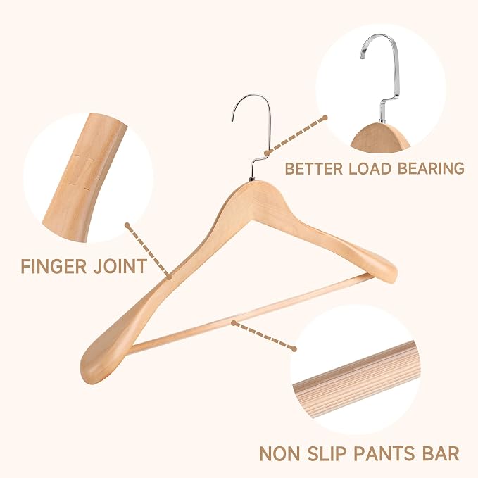 Wooden Suit Hangers, Non Slip Pants Bar, Natural Wood, 36-Pack, 16" | Wood Extra-Wide Shoulder Hangers, Flat-Head Hook Hangers for Suits, Coats, Jackets, Shirts, Pants, and Heavy Clothes - Image 4