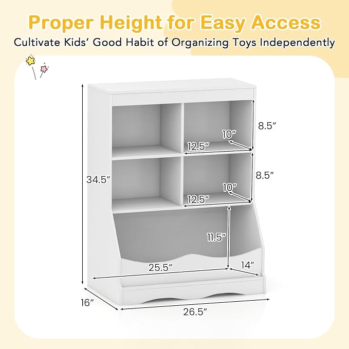 HONEY JOY Kids Toy Storage Organizer with Bookcase, 4-Cubby Organization Storage Cabinet w/Display Shelf, Wooden Toy Storage Unit for Playroom, Nursery Daycare(White) - Image 3