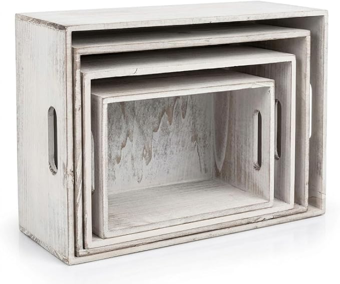 4 Pack Nesting Wooden Crates with Handles - Whitewashed Decorative Boxes | Farmhouse Rustic Wood Crate for Storage and Display, Shelf Organization, Home Decor, Pantry Organizer, Open Top Design by Oojami