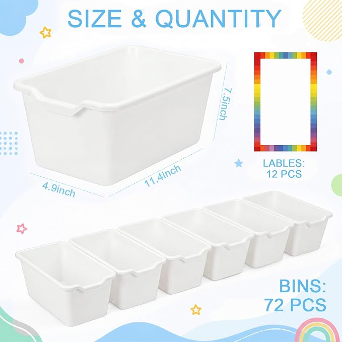 Funrous 72 Pack Plastic Cubby Bins for Classroom, Stackable Storage Bins with Rainbow Labels and Handles Cubby Organizer Containers for Teacher Supplies Home Office Daycare and Playroom (White) - Image 2