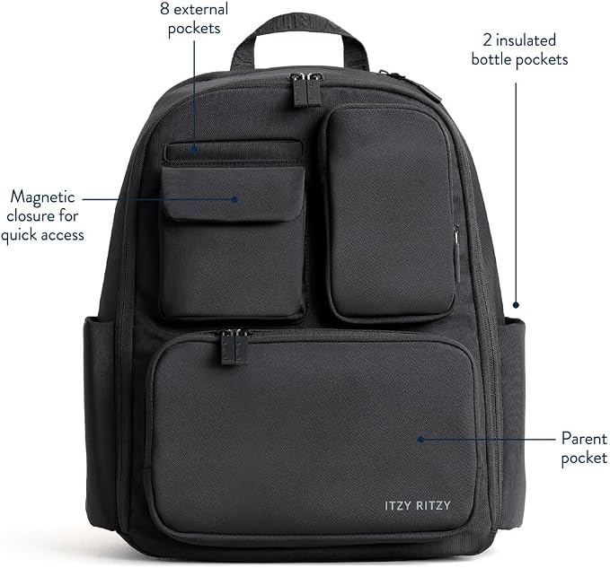 Itzy Ritzy Utility Diaper Bag Backpack, 17 Pockets w/Changing Pad (Black) | Travel-Ready Diaper Backpack with 2 Insulated Bottle Holders, Laptop Compartment, Trolley Sleeve, Straps, and Changing Pad - Image 3