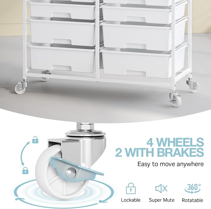 TOOLF 12 Drawers Rolling Storage Cart with Wooden Top for Classroom,White | Teacher Cart Craft Art Supply Organizer, Utility Cart with Lockable Wheels for Home Household Essentials, Office Organization - Image 4