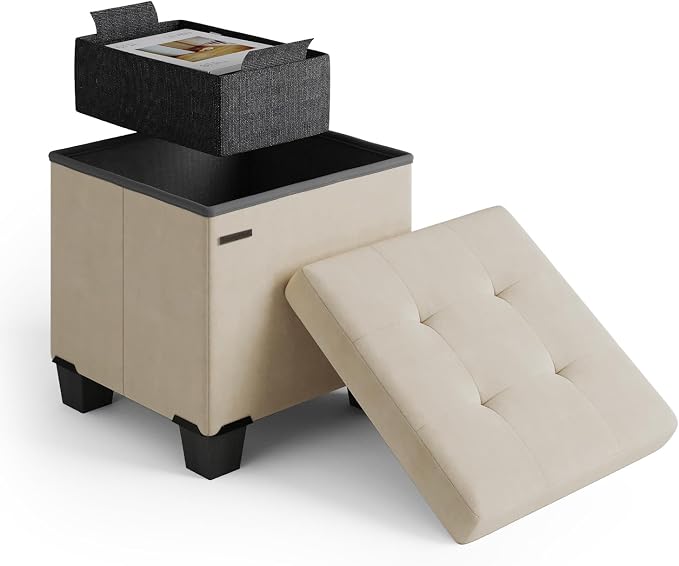 Storage Ottoman Cube with Small Bin, 15-in Square Ottoman with Storage for Living Room and Bedroom, Small Ottomans Foot Rest, Velvet Foot Stools Ottomans Max 330lbs, Beige by STORAGEBUD