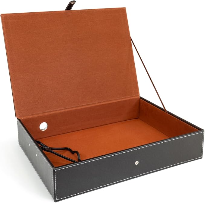 OSCO Brown Faux Leather Box File | Document Storage | Paperwork Archive | Lock Spring | Secured with Fastening Stud | H37.5 x W8 x D26.5 cm | by Osco