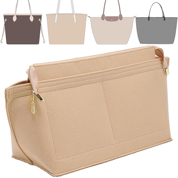 Purse Organizer Insert for Handbags, Felt Neverfull MM Organizer Insert with Cover, Tote Bag Organizer with Zipper Pocket and Bottle Holder, Fit Neverfull MM and More, Beige-L - Image 2
