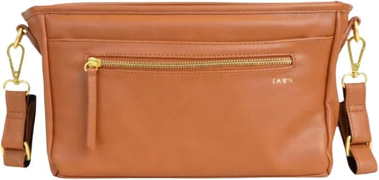 The Stroller Caddy, Premium Matte Faux Leather Stroller Organizer with Cup Holder, Brown Diaper Bag with Adjustable Stroller Straps, 2 Exterior Pockets 1 Zipper Pocket, 14x 5x 7 inches by FAWNDESIGN