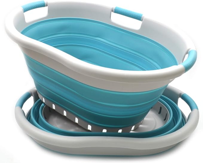 SAMMART 36L Set of 2 Collapsible 3 Handled Plastic Laundry Basket-Foldable Pop Up Storage Container-Portable Washing Tub-Space Saving Basket (2, Grey/Bright Blue) - Image 2