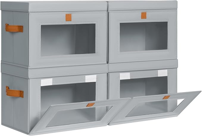 DIMJ Storage Bins with Lids - 4 Pack Front Opening Stackable Fabric Storage Boxes with Clear Window & Handles, Collapsible Closet Organizers for Clothes, Sweaters, Shelf Storage, Bedroom, Gray by DiMJ
