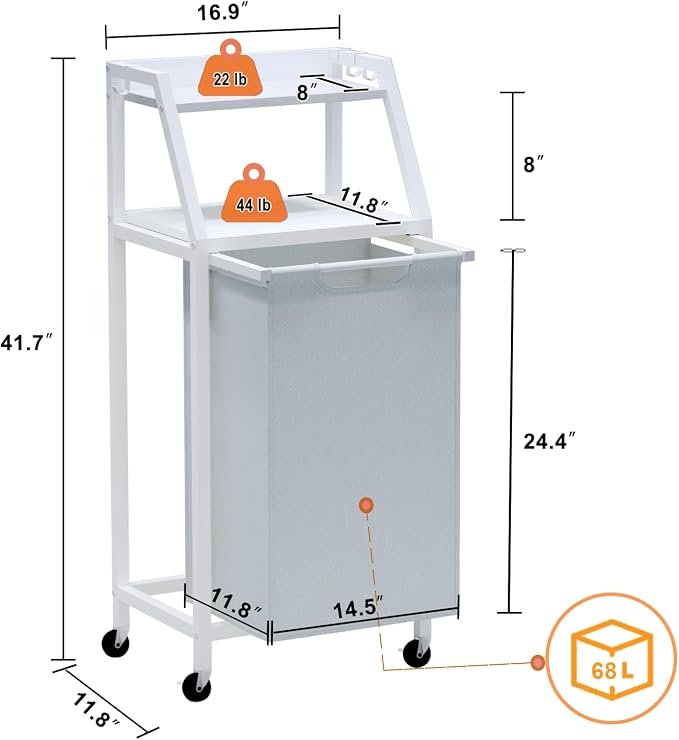 Laundry Hamper, Laundry Sorter, Rolling Laundry Basket with Wheels, 2 Shelves, 18 Gal(68L), Pull-Out and Removable Oxford Fabric Bags, White and Grey - Image 7