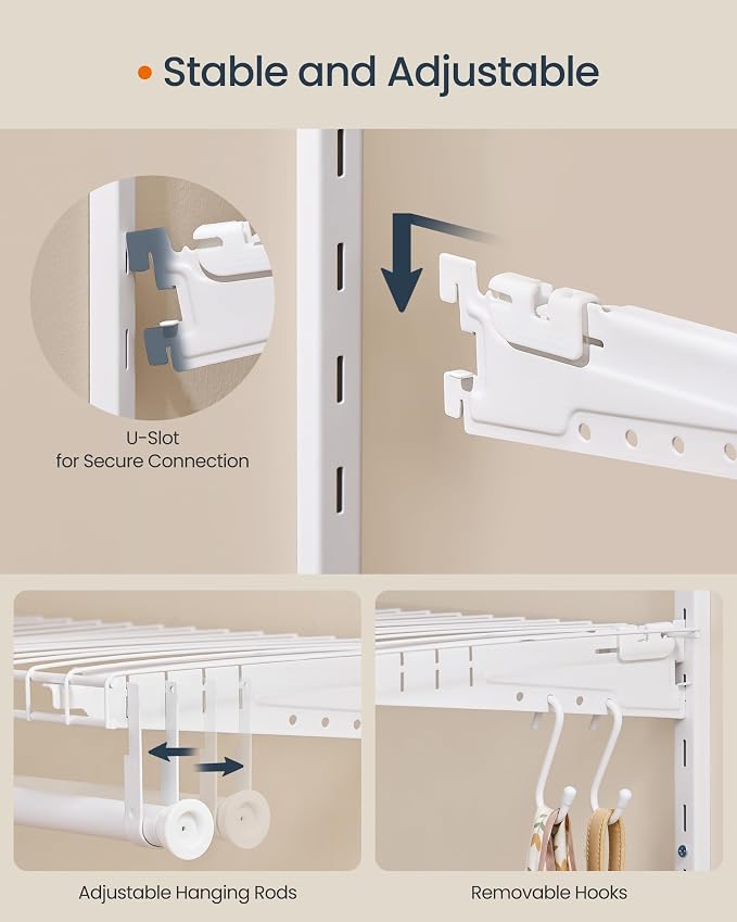 SONGMICS HOME Closet System, Closet Insert Organizer, 4-6 ft, Adjustable Metal Shelving Unit with 6 Hanging Rods, 6 Shelves, and Hooks, for Pantry Mudroom Garage Basement, Cloud White URGR032W01 - Image 5